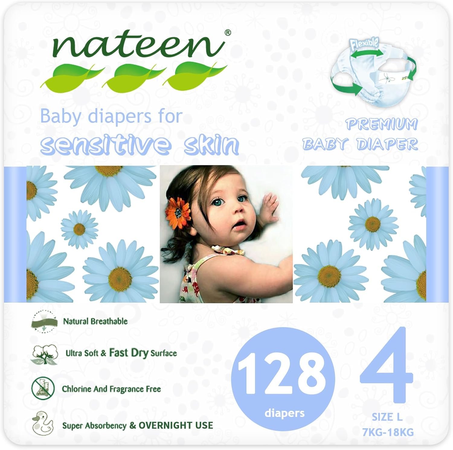 Nateen Premium Baby Diapers, Overnight Use Disposable Diapers for Sensitive Skin, Ultra Thin Diapers with Comfortable Fit. Size 4 (Large), 128, Count.