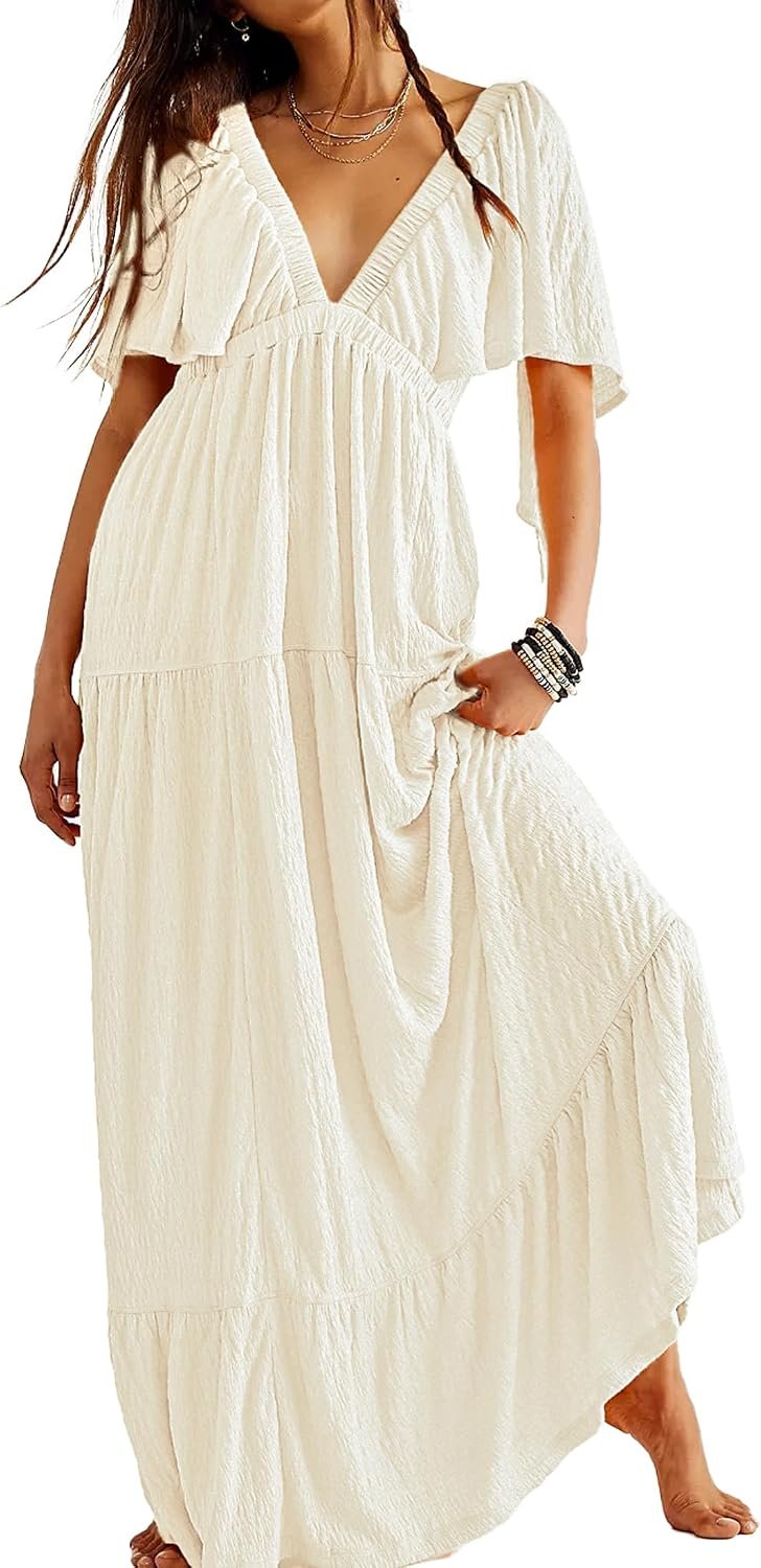Kikibell Women Summer Dresses Sexy V-Neck Maxi Dress Tiered Silhouette with Flutter Sleeve Backless Elastic Waist Flowy Dress