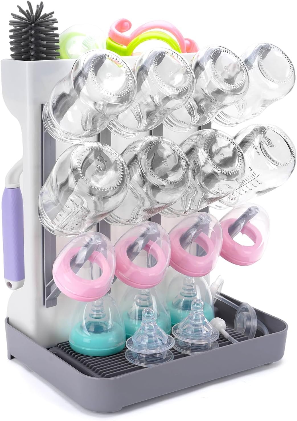 Baby Bottle Drying Rack: Space Saving Vertical Bottle Drying Holder with Brushes Holder – Large Bottle Storage Holder Organizer 12 Bottles & Baby Accessories,BPA-Free, Gray