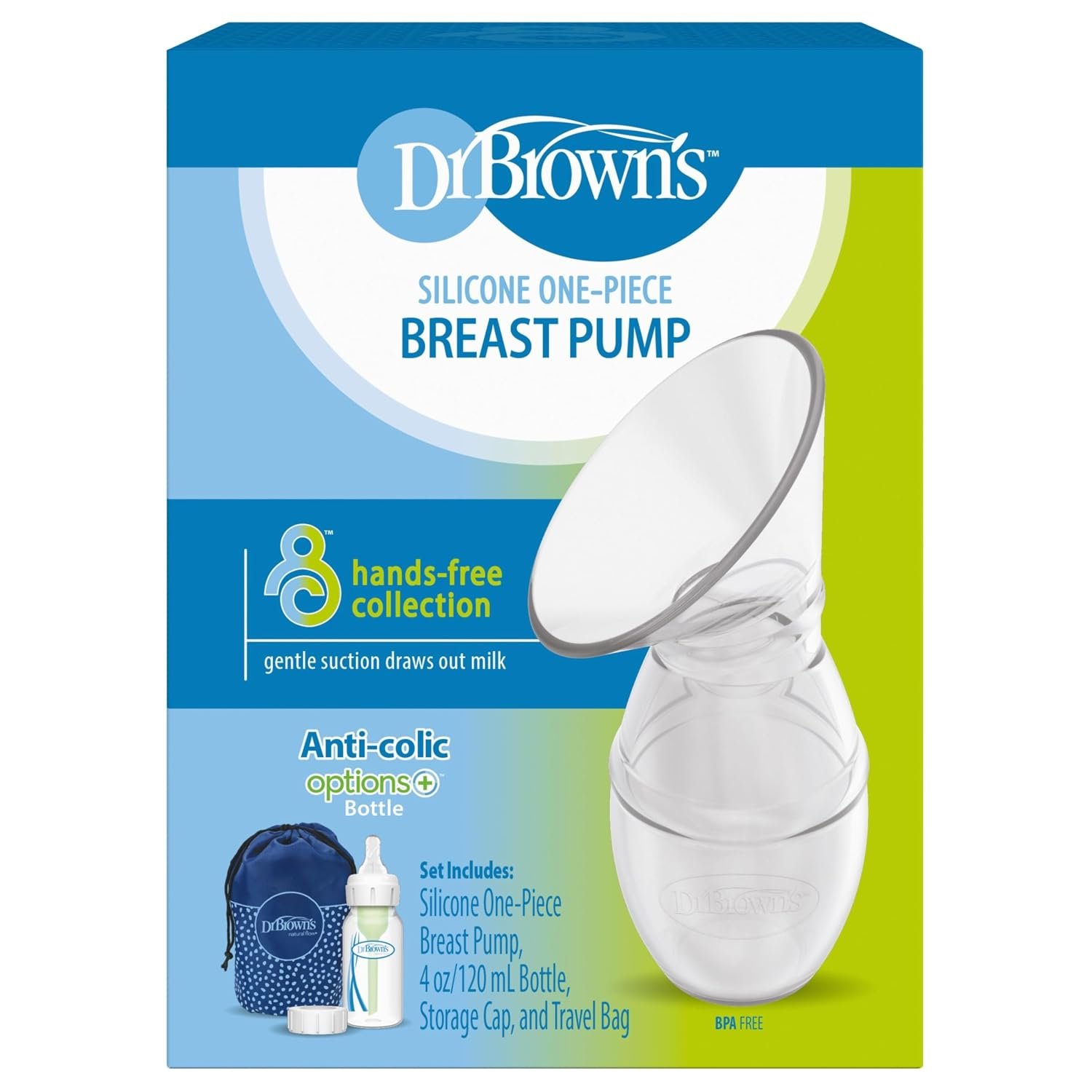 Dr. Brown’s 100% Silicone One-Piece Breast Pump, Hands-Free Breast Milk Collector with Anti-Colic Options+ Baby Bottle, 4 oz with Slow Flow Nipple, Travel Lid and Travel Bag