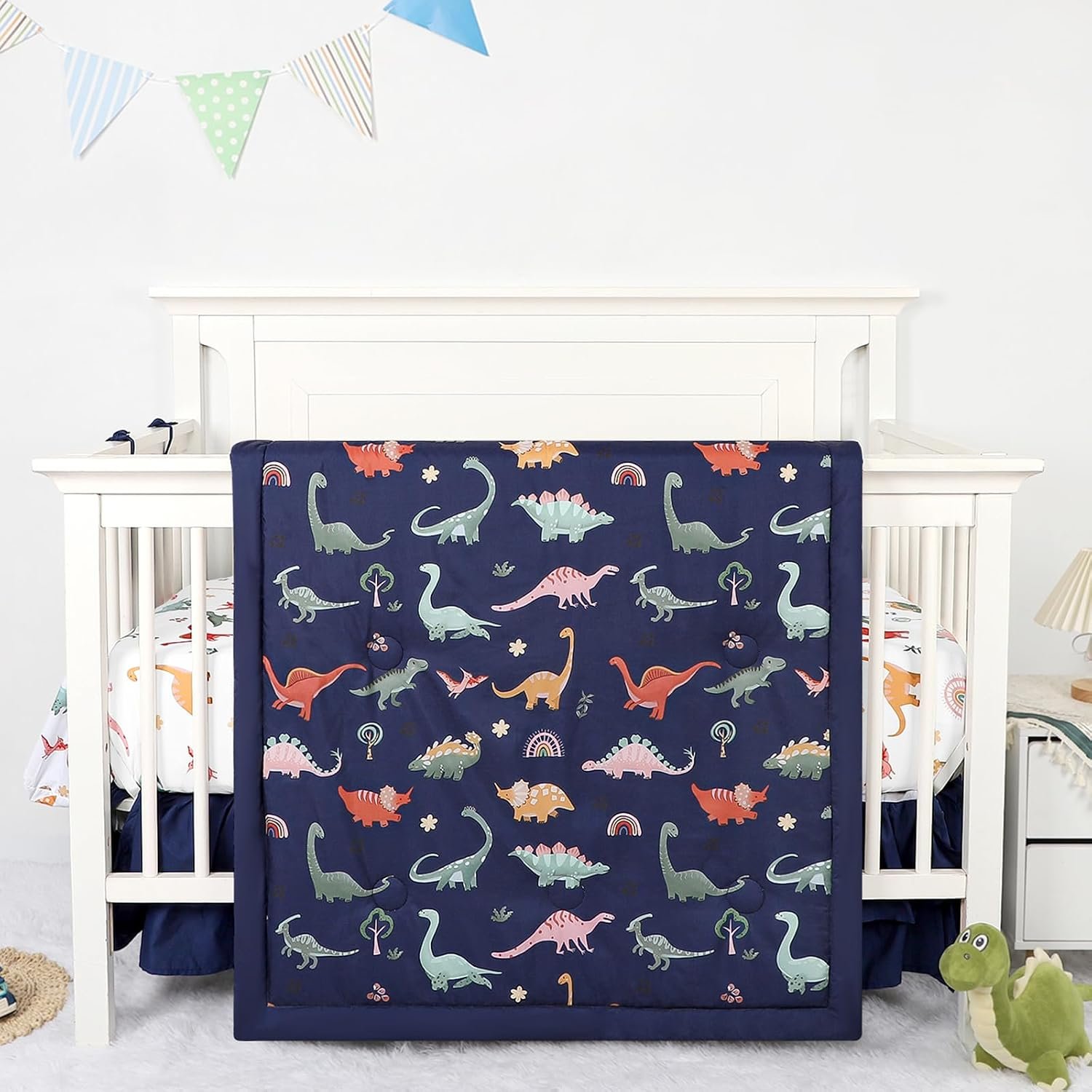 Crib Bedding Set for Boys, Baby Crib Bedding Set 4 Piece, Baby Boy Nursery Bedding Set Including Comforter, Fitted Crib Sheet, Crib Skirt, Diaper Stacker, Blue Dinosaur
