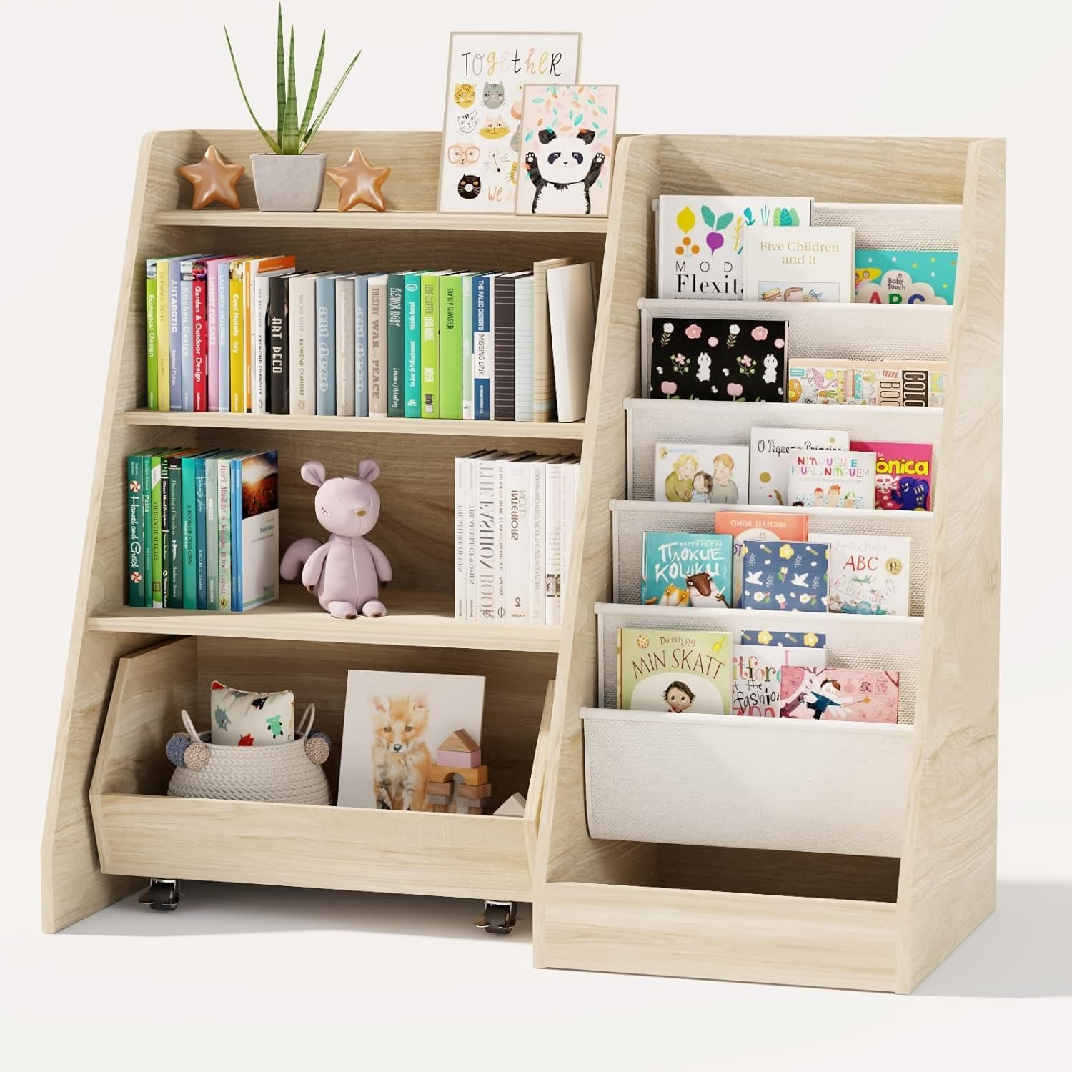 COZPAW Kids Bookshelf and Toy Storage, 4 Tier Toddler Bookshelf with Movable Drawer (Oak)