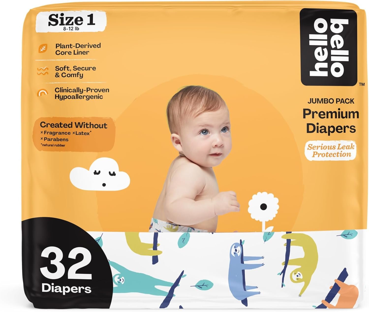 Hello Bello Premium Baby Diapers Size 1, 32 Count of Disposable, Extra-Absorbent, Hypoallergenic Baby Diapers with Snug and Comfort Fit, Sleepy Sloth