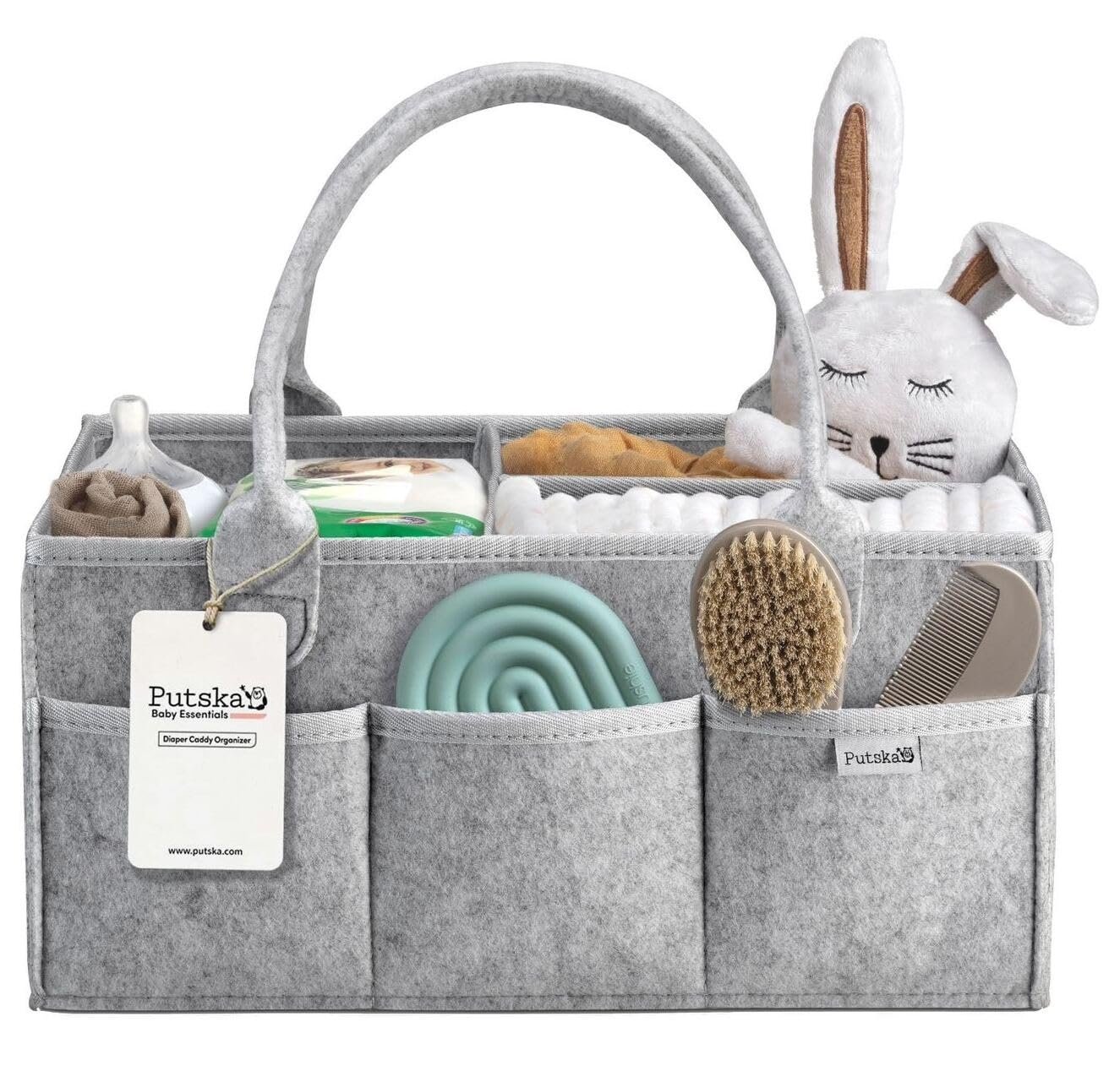 PUTSKA Baby Diaper Caddy Organizer – Nursery Storage Basket for Diaper Station, Baby Basket Shower Gift List and Registry Must-Have, Newborn Essentials, Nursery Decor for Boy or Girl – Grey, Large