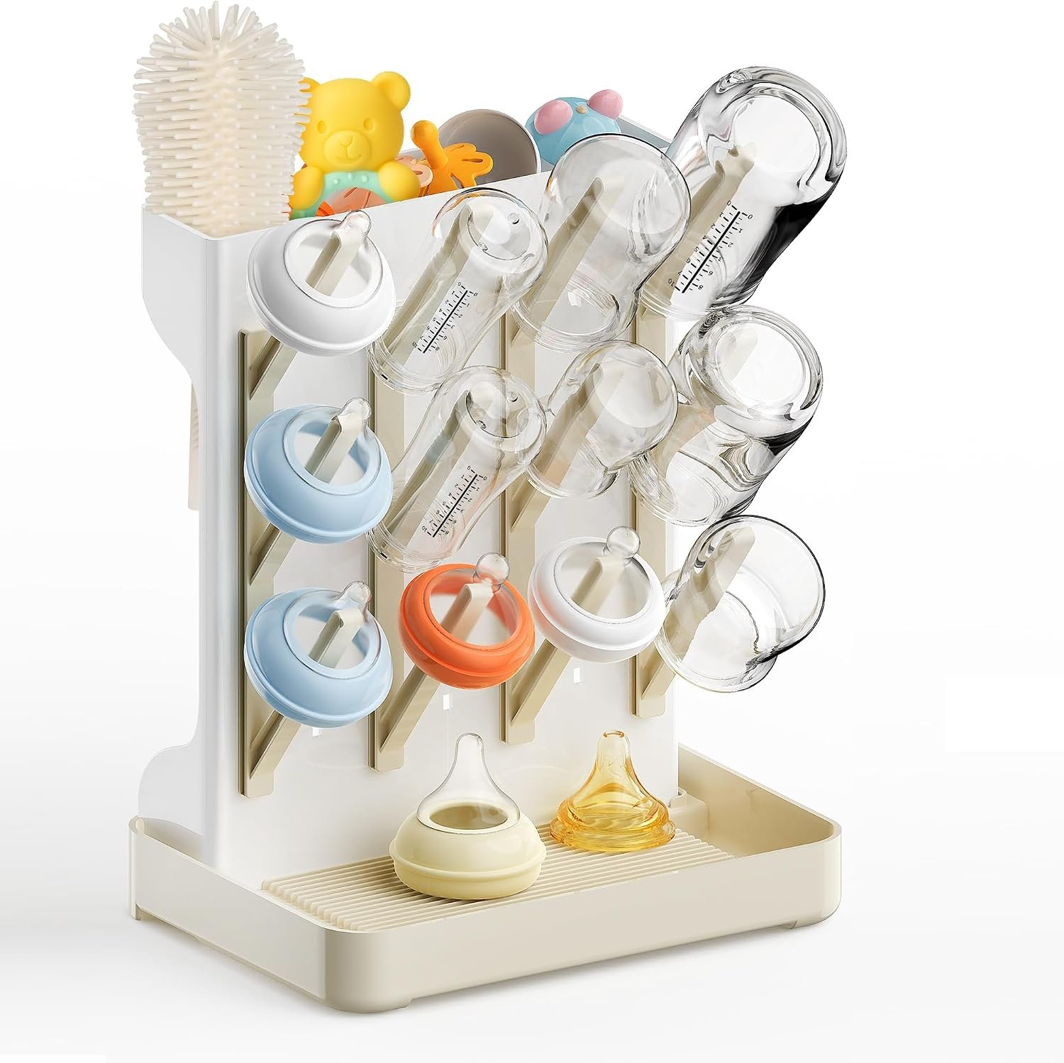 Vertical Baby Bottle Drying Rack, Space-Saving Countertop Storage Stand, BPA-Free Organizer for Baby Bottles and Pacifiers – Warm Beige
