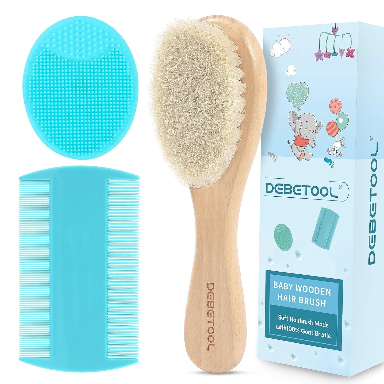 DEBETOOL Cradle Cap Brush and Comb Set with Baby Hair Brush – 3-Piece Wooden Baby Brush Kit for Newborns and Infants