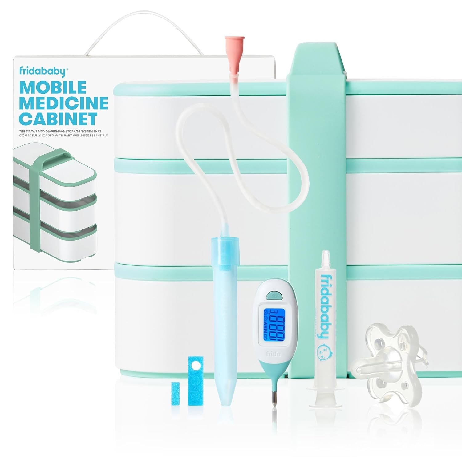 Frida Baby Mobile Medicine Cabinet Travel Kit, Set Baby Essentials Gift Set Includes NoseFrida Snotsucker, Rectal Thermometer, MediFrida Medicine Dispenser with Portable Carrying Case