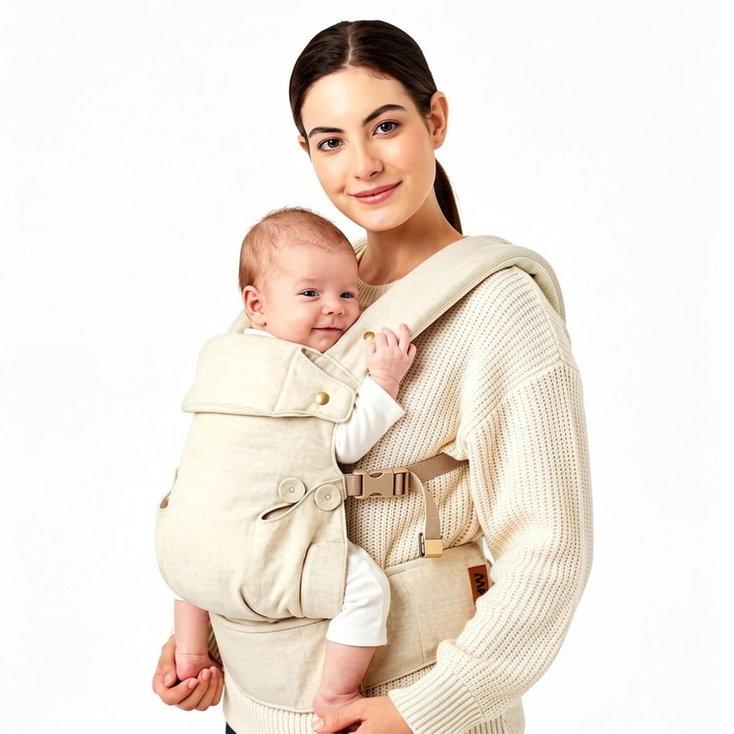 Baby Carrier for Newborn to Toddler-7-45 lbs 0-36 Months Versatile & Adjustable Linen Carrier with Front Pocket Headrest Support for Moms, Dads, Beige