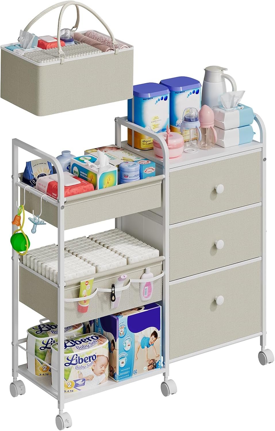 Cidaziya 2In1 Baby Diaper Caddy Organizers and Storage, 3 Tier Rolling Cart with Dividers and Drawers, Mobile Utility Cart Baby Dresser Clothes Organizer for Changing Table, Crib Nursery, Bedroom