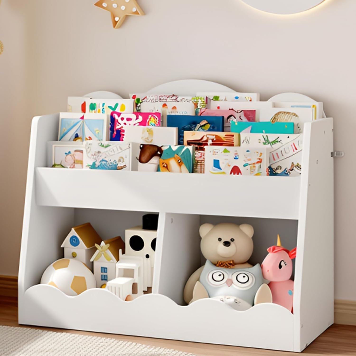 CHOEZON Kids Bookshelf and Toy Storage, Children’s Bookcase with 2 Toy Cubes, Toddler Book Shelf for Kids Room, Wooden Book Organizer, for Playroom, Nursery, Living Room, White MCW15WB