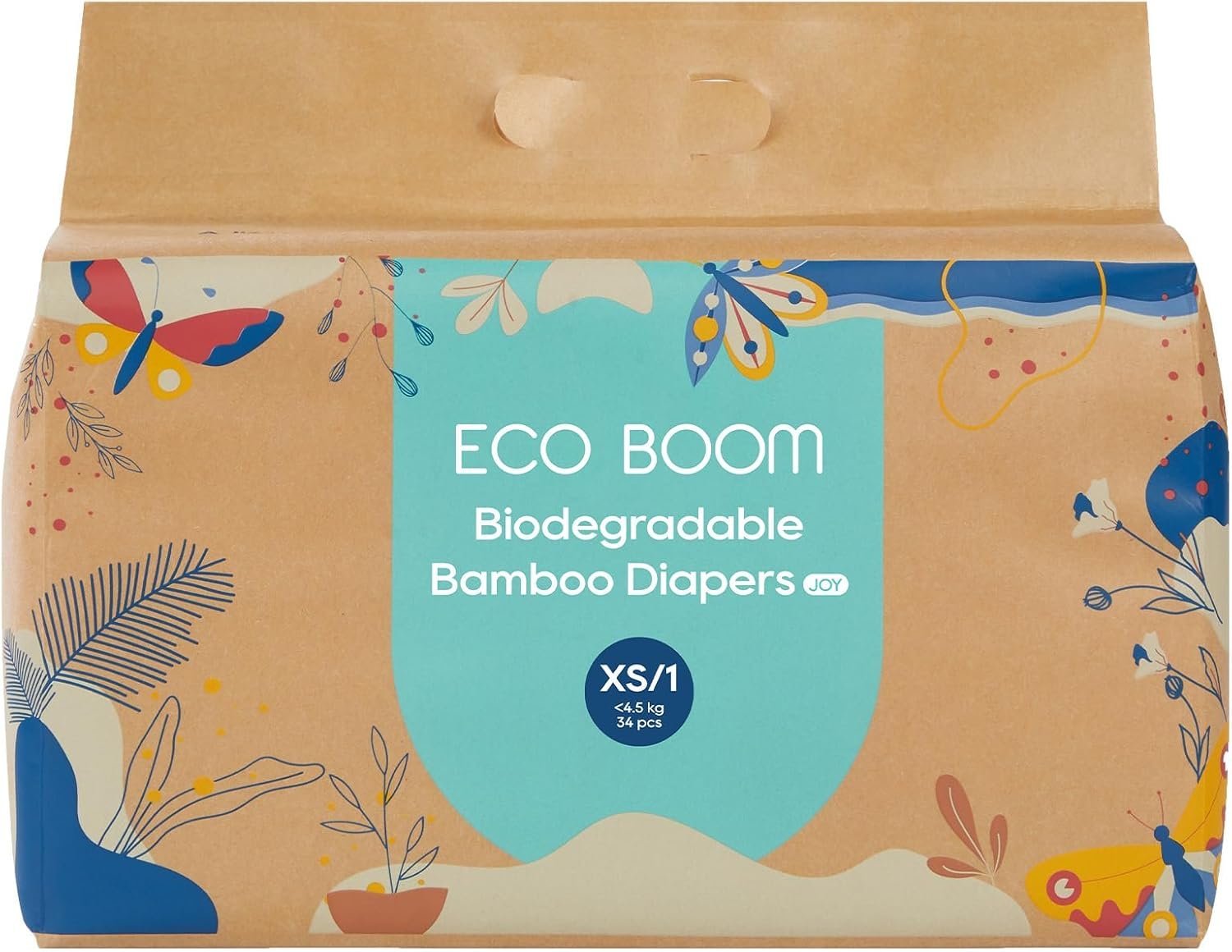 ECO BOOM Bamboo Viscose Baby Diapers, Size 1 (Up to 10 lbs), 34 Count, Soft & Absorbent Disposable Diapers for Sensitive Skin, Breathable Leak Protection, Eco-Friendly Paper Packaging