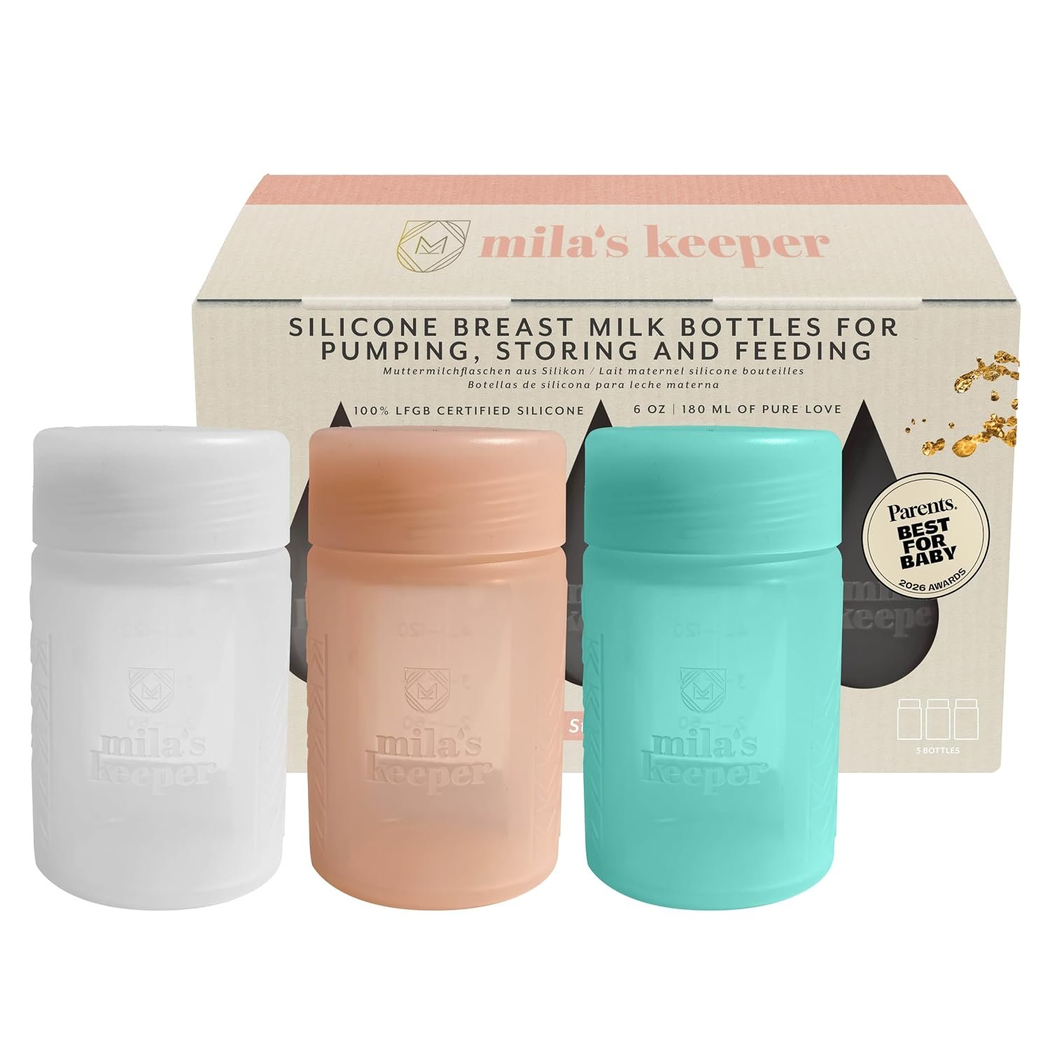 Mila’s Keeper Silicone Breast Milk Storage Bottles | 3 in 1 Pumping, Storing, Feeding | Fits Leading Pumps and Nipples | 100% Plastic Free | 6oz Silicone Breast Milk Storage Wide Neck Multi-Color