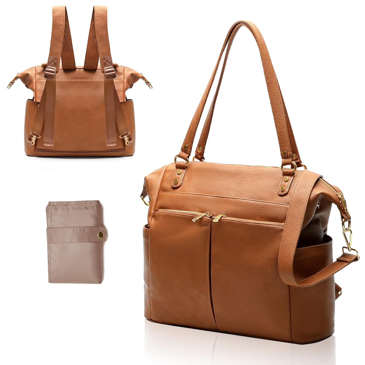 MOMINSIDE Diaper Bag Tote, 4 in 1 Leather Diaper Bag Backpack with 13 Pockets, Convertible Baby Bag for mom,Hospital bag Pañaleras Para Bebe, Changing Pad, 4 Large Insulated Pockets(Brown)