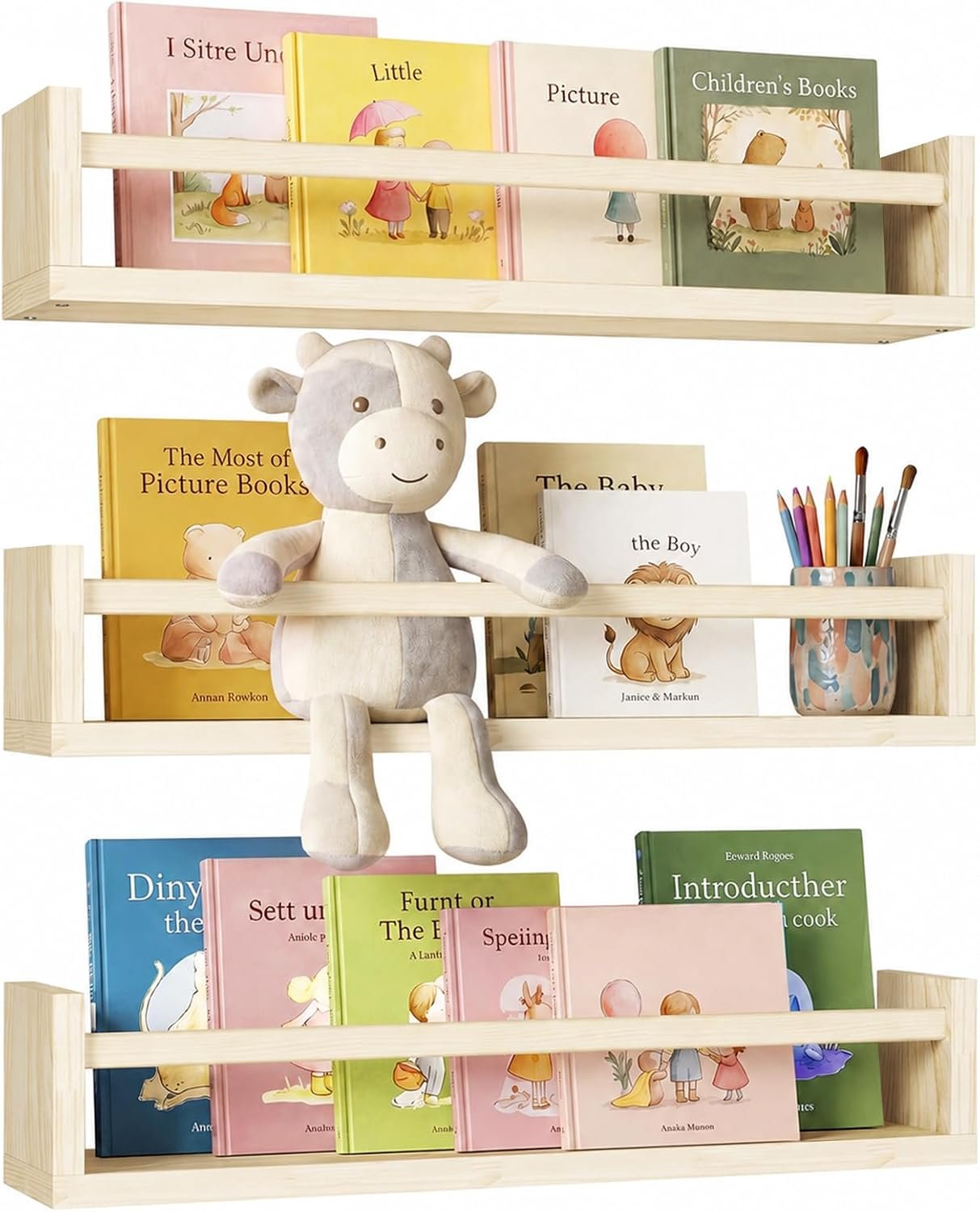 Fixwal Nursery Shelves, 16.5 Inch Floating Bookshelves for Wall Set of 3, Baby Nursery Decor, Solid Wood Wall Mounted Shelves for Books (Natural Wood)