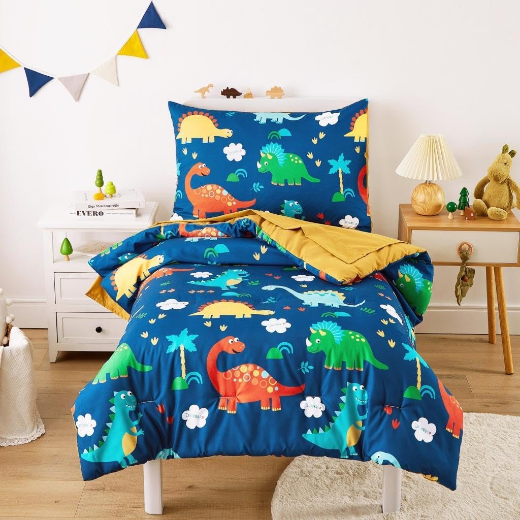 Wake In Cloud – Dinosaur Toddler Bedding Set for Boys, Cute Colorful Dinosaurs, 4 Pieces Soft Crib Bed Set Including Comforter, Sheets and Pillowcase, Navy Blue