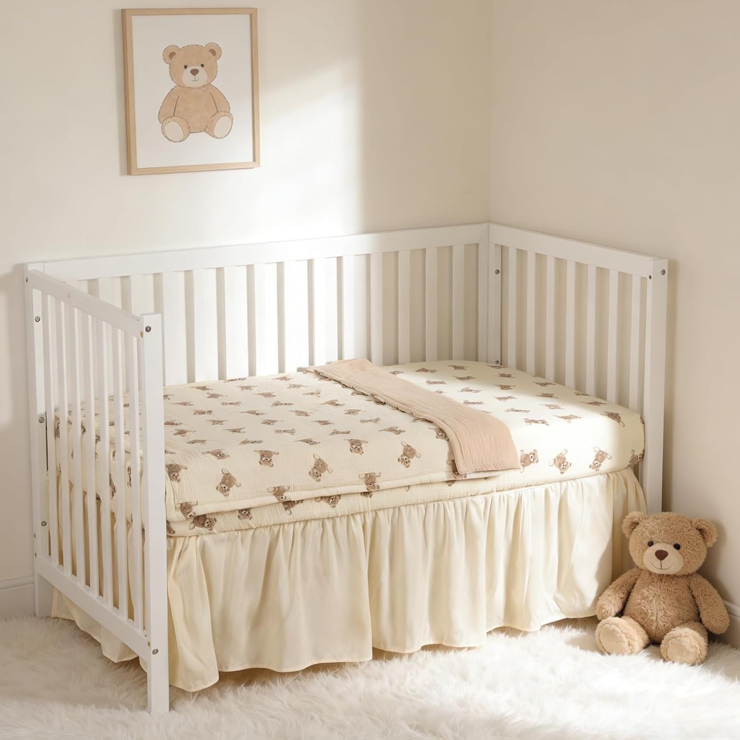 Organic Cotton Muslin Baby Crib Bedding Set 3 Piece Soft for Infant Newborn Toddler Boys Girls 52″x28″, Nursery Bed Quilt Set Decor with Fitted Crib Sheet, Boho Quilted Comforter Blanket, Bed Skirt