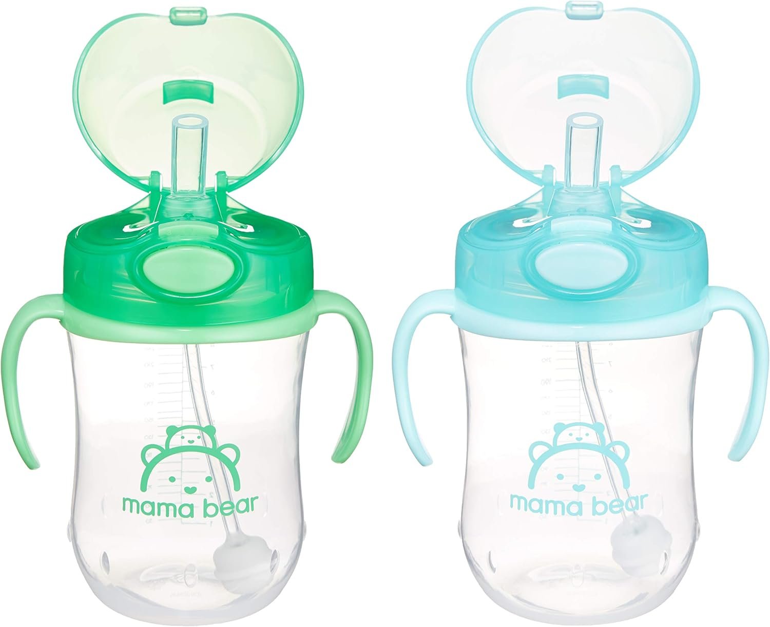 Amazon Brand – Mama Bear Spill Proof Dishwasher Safe Silicone Weighted Straw Sippy Cup with Removable Handles, BPA Free, 9 Ounces, Blue/Green, Pack of 2