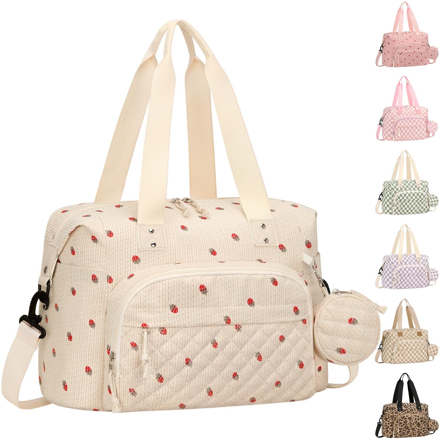 Tenot Corduroy Diaper Bag Tote, Baby Bag Travel Diaper Tote Bag with Pacifier Case, Large Baby Diaper Bags for Women, Ctue Diaper Bags For Baby Girl Boy Mom Maternity Hospital Bag, Beige Strawberry