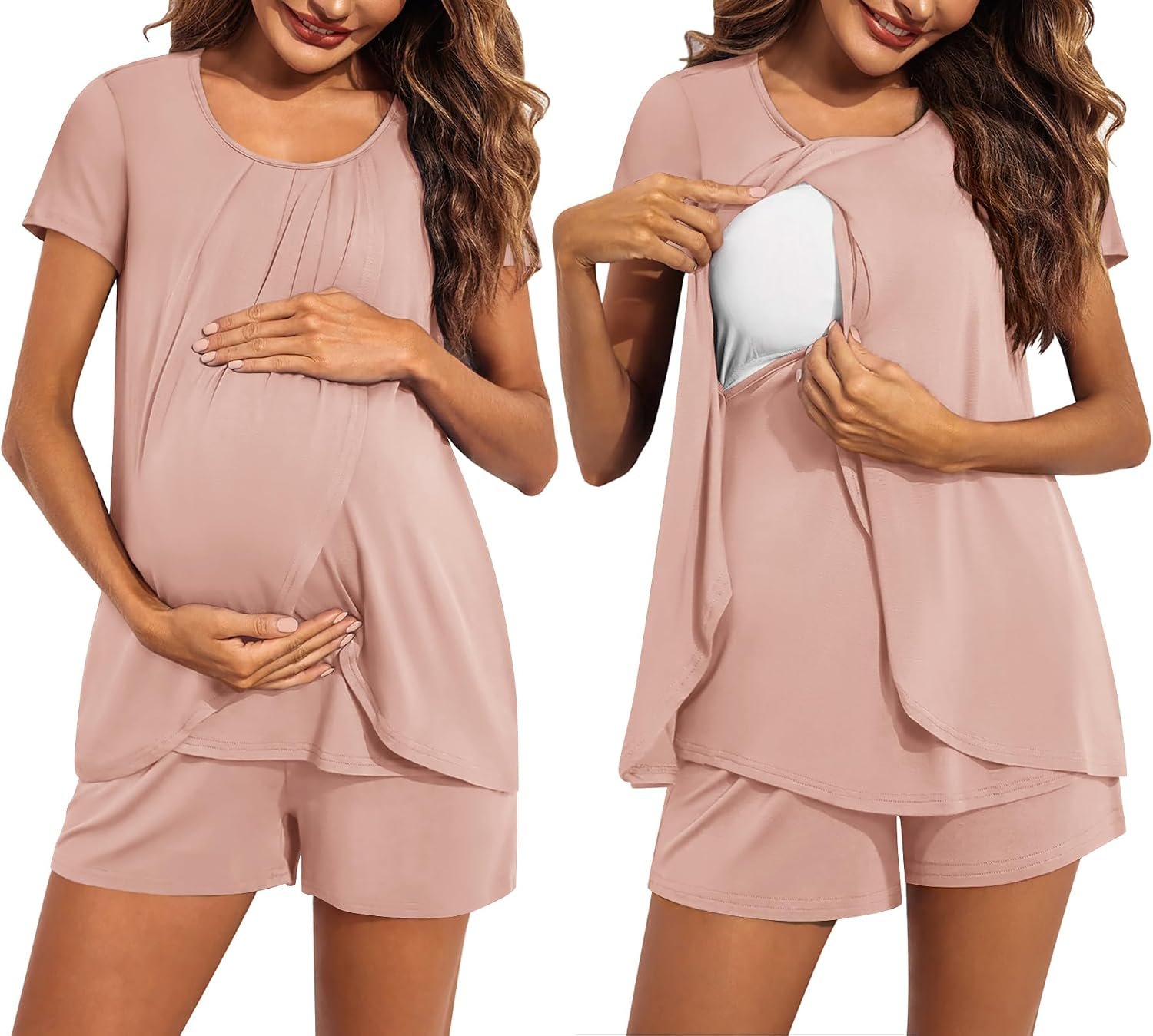 Ekouaer Women’s Maternity Nursing Pajamas Set Breastfeeding Sleepwear Double Layer Short Sleeve Top & Shorts Nursing Pjs