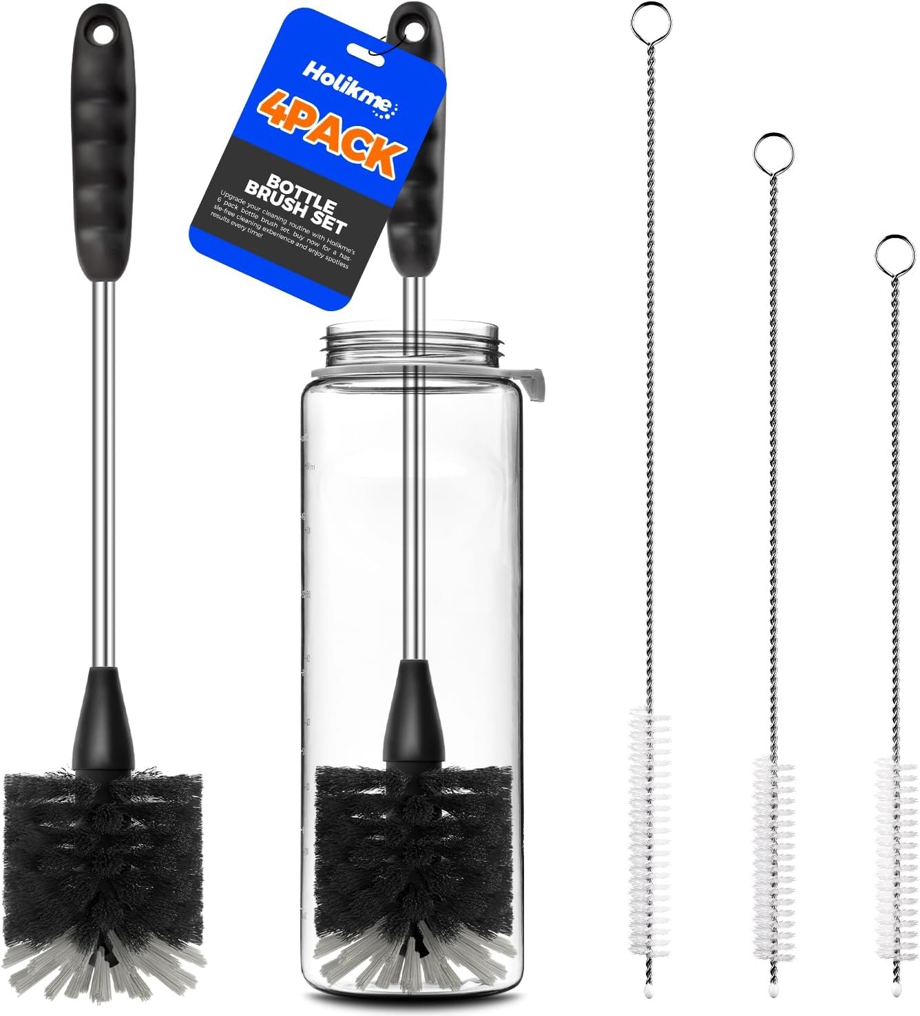 Holikme Bottle Brush Cleaner Set, 14″ Long Handle Stainless Steel Bottle Cleaner Brush, 3 Straw Cleaner Brush, Bottle Cleaning Brush for Water Bottle, Cups, Abrasive Wheel Brushes, Straws Black