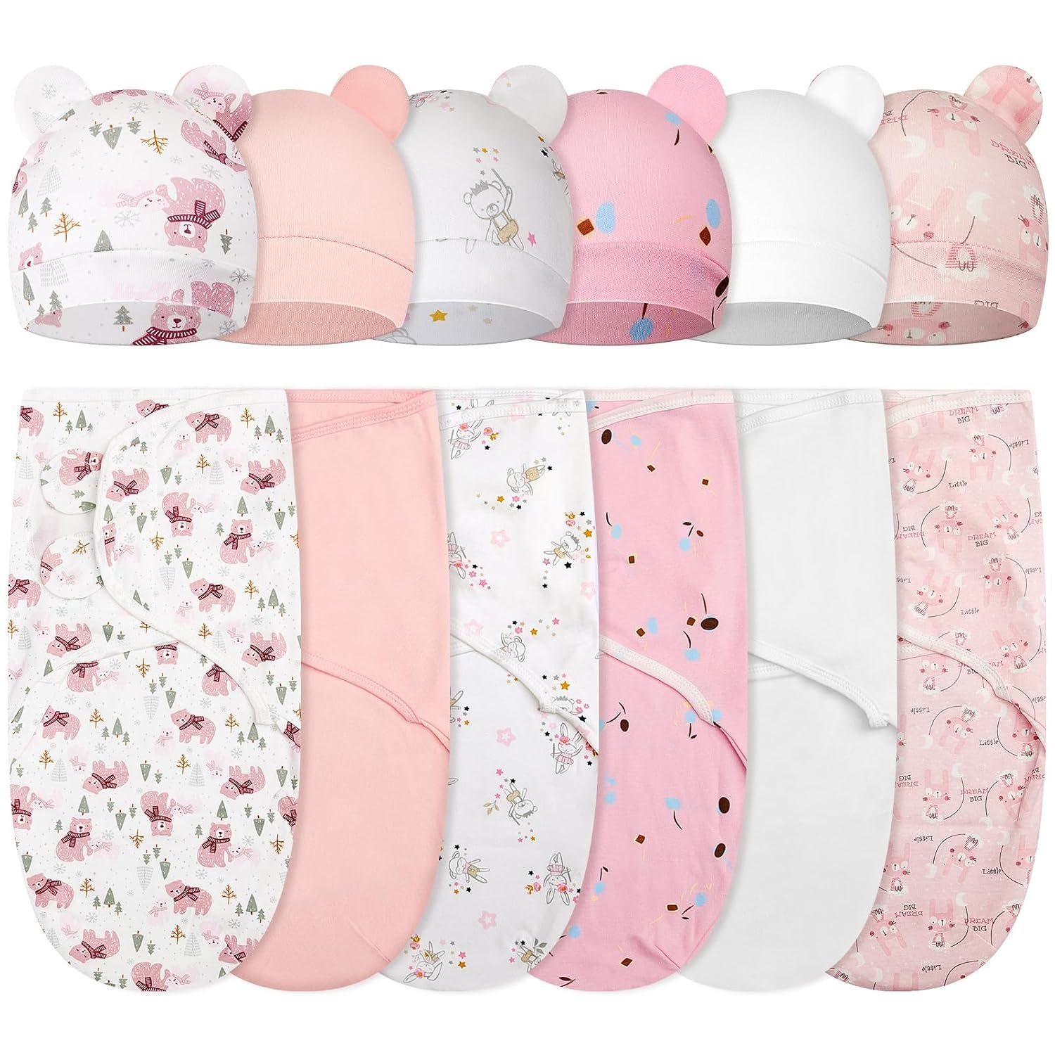 Ramede 6 Pack Swaddle Blanket with Hats for Baby Girl Boy 100% Cotton Swaddles 0-3 Months, Adjustable Breathable Skin Friendly Receiving Blanket Wrap, Essential for Newborns(Bear,Pink)
