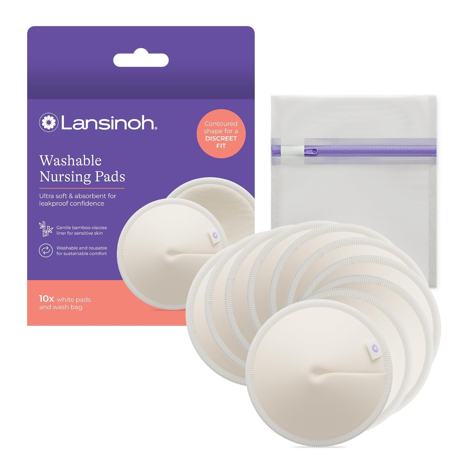 Lansinoh Washable Nursing Pads, Made with Organic Bamboo Viscose, Reusable Breast Pads for Breastfeeding with Wash Bag, Breastfeeding Essentials, 10 Count