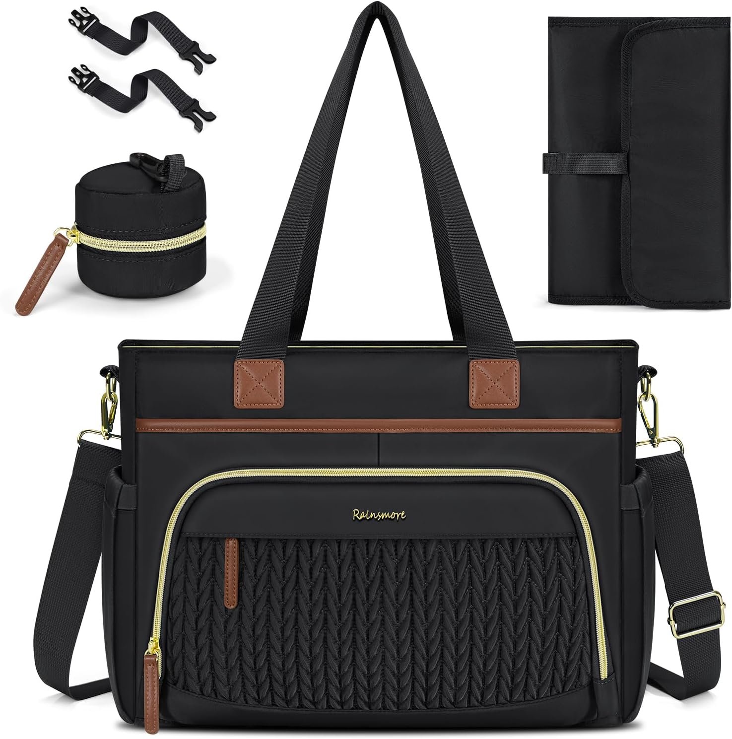 RAINSMORE Diaper Bag Tote, Large Diaper Baby Bag Waterproof Multifunctional Diaper Bag with Pacifier Case & Changing Pad