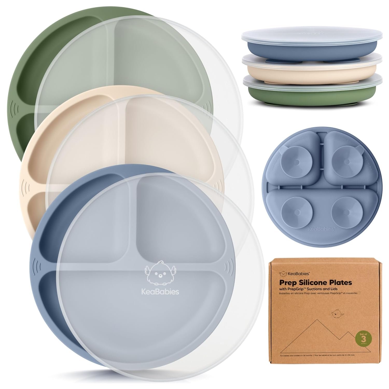 KeaBabies Suction Plates with Lids for Baby – 3-Pack 100% Silicone Toddler Plates with Suction, Divided, BPA-Free Baby Led Weaning Essentials for Kids, Dishwasher, Microwave Safe, Durable (Slate)