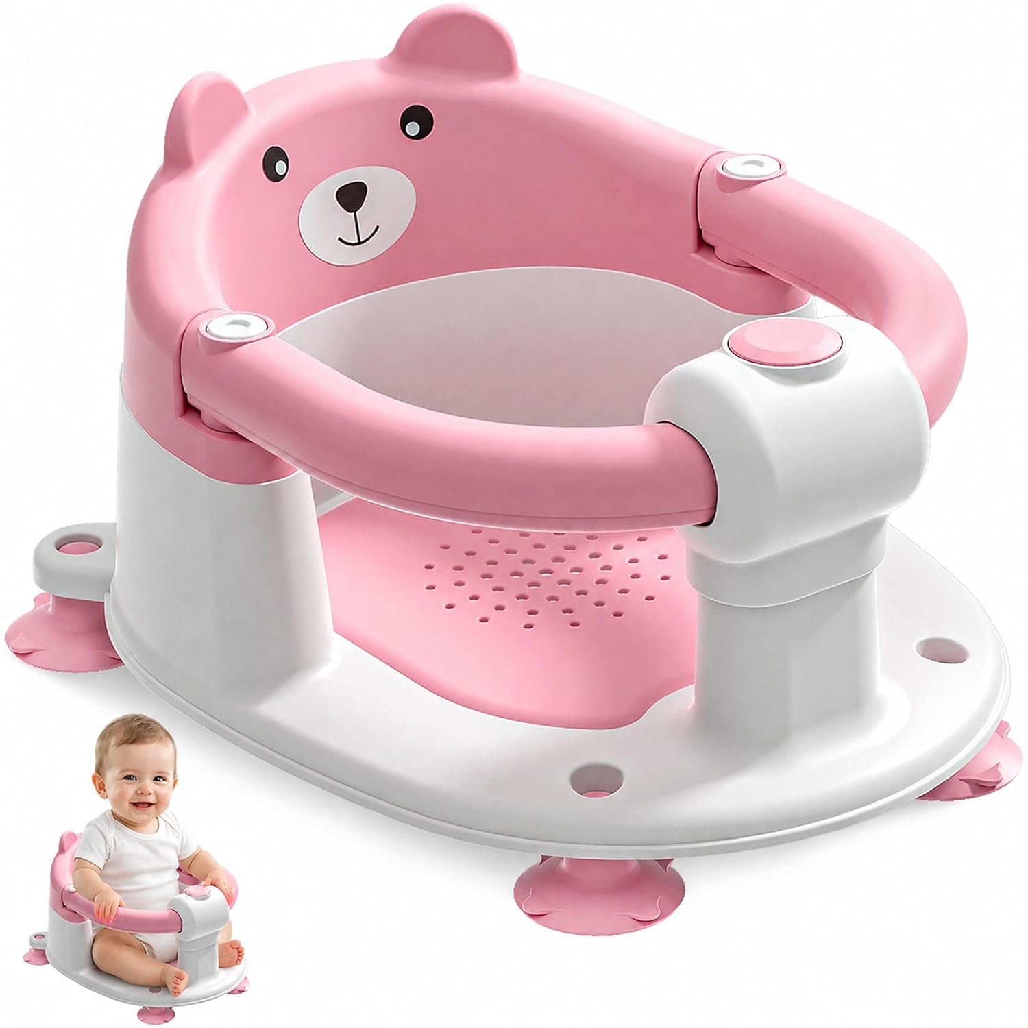 Baby Bath Seat for Babies 5-10 Months, Non-Slip Toddler Bath Seats for Babies Sitting Up, Safe Infant & Newborn Bathtub Chair with 4 Suction Cups & Soft Cushion for Shower,Pink