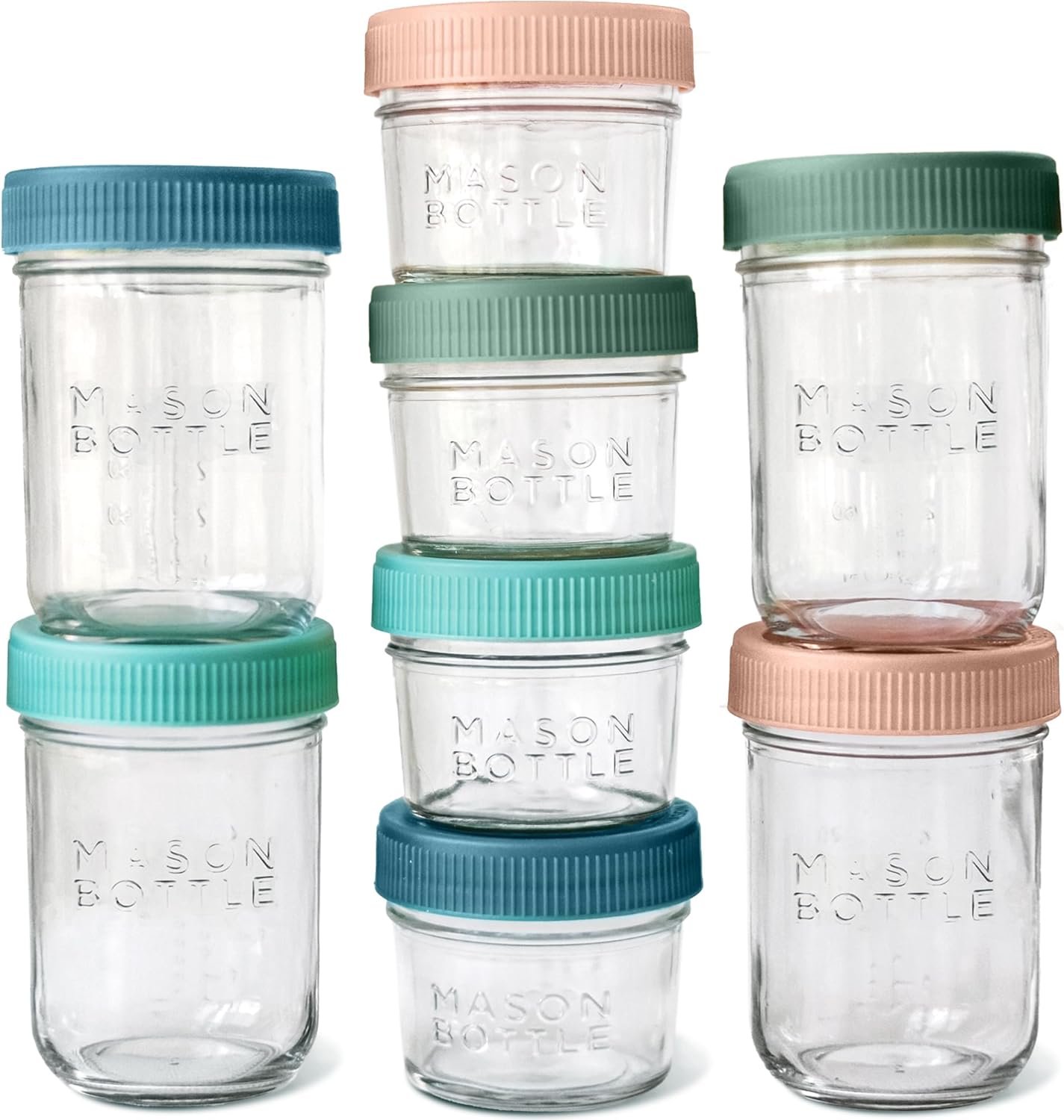 Mason Bottle Breast Milk Storage Jars (4oz & 8oz, 8-Pack) Reusable Glass Breastmilk Storage Jar & Baby Food Containers with Lid & Breast Milk Storage, Airtight, Stackable, Freezable (Deep Ocean)