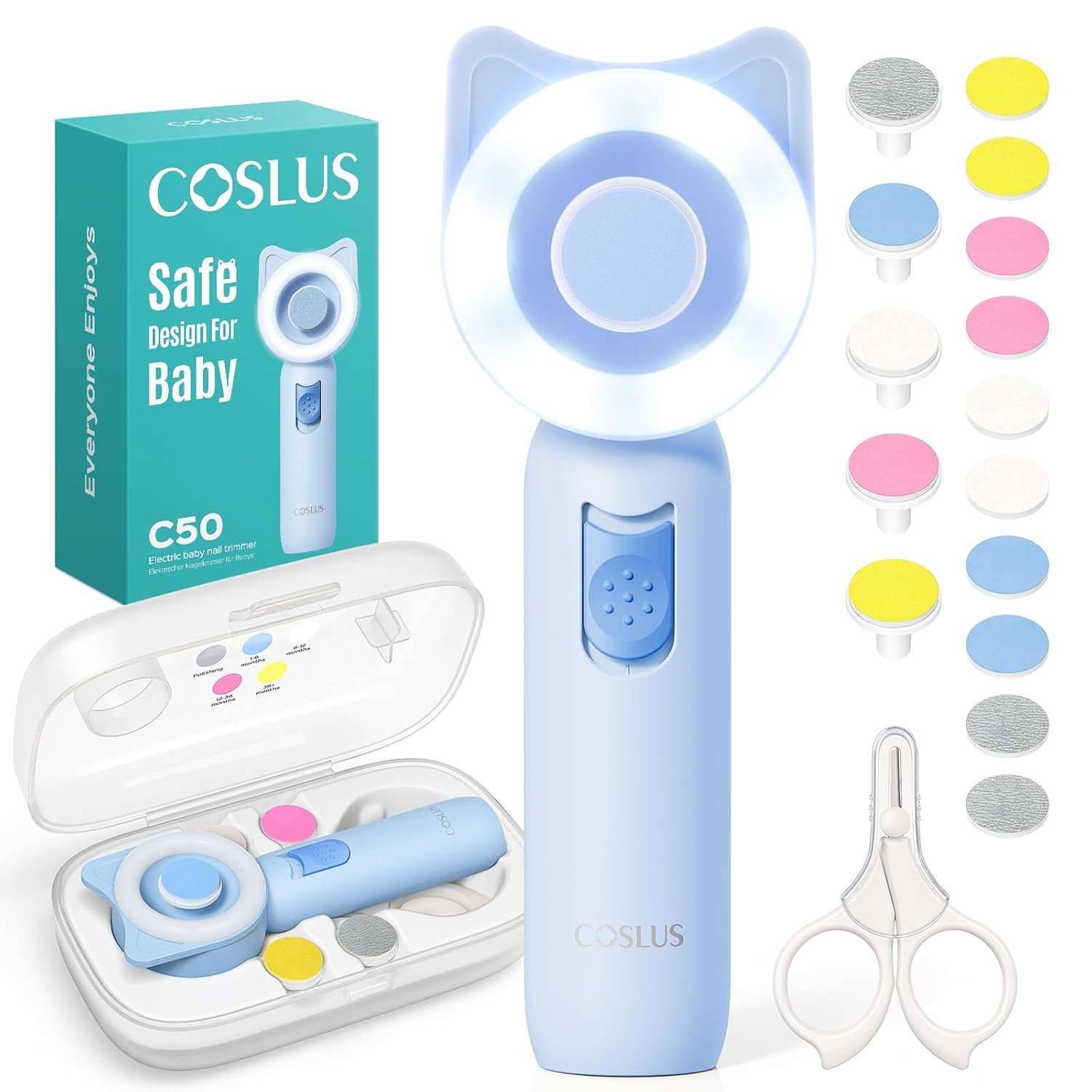 COSLUS C50 Baby Nail File, Baby Nail Trimmer Electric, Baby Nail Clipper – Gentle, Quiet with 360° Light, Safe for Sleep Time Grinding, 16-in-1 Kit for Newborn, Infant & Toddler, Sky Blue