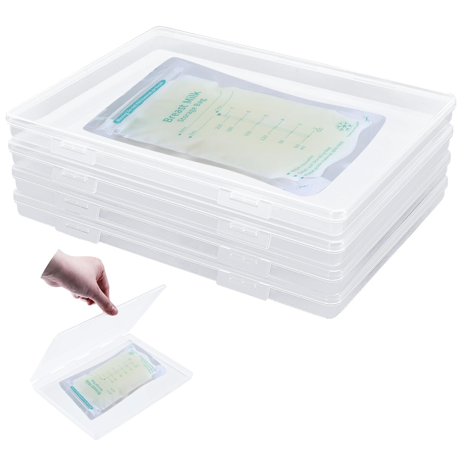 Flat Breast Milk Freezer Storage Organizer 4pcs, Space Saving Clear Breastmilk Storage Bag Organization, 8.74 x 6.41 x 0.78inch