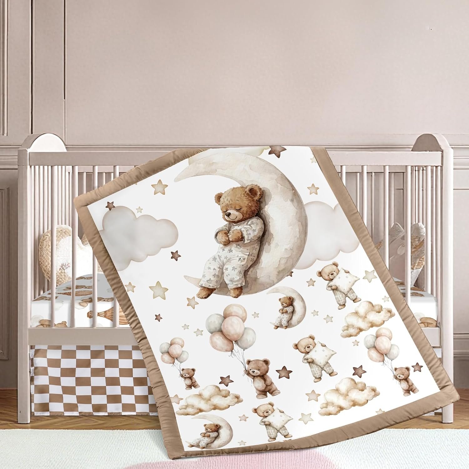 Hosuly 3 Pcs Baby Crib Bedding Set Safari Animals Bear Woodland Animals Jungle Crib Set Includes Quilt, Fitted Sheet, Skirt for Baby Boy Girl(Brown,Teddy Bear)