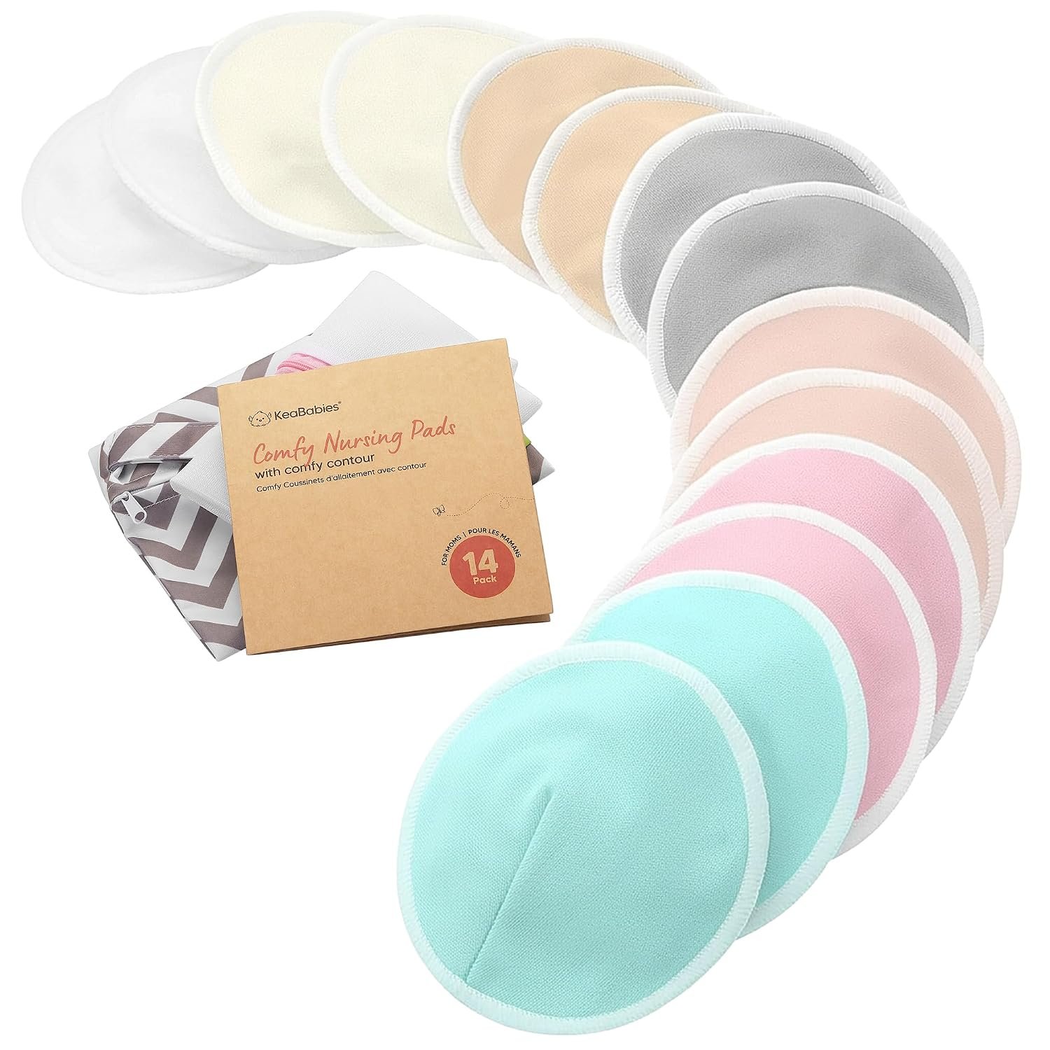 Organic Nursing Pads – 14 Washable Breast Pads for Breastfeeding, Wash Bag, Viscose Derived from Bamboo Reusable Nipple Covers for Breastfeeding Essentials, Soft & Absorbent (Pastel Touch, L 5″)