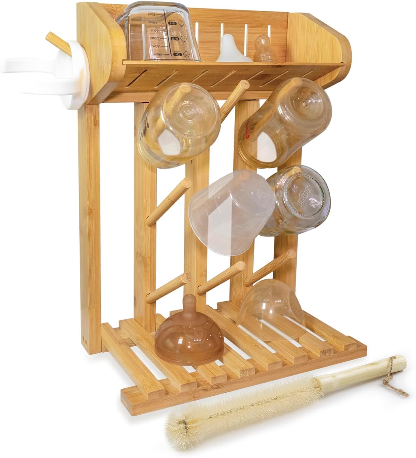 Bamboo Baby Bottle Drying Rack, Vertical Space Saving Kitchen Organizer, 9 Bottle Capacity, Countertop Storage Holder and Bottle Dryer with Draining Base (Comes with a Free Cleaning Brush)