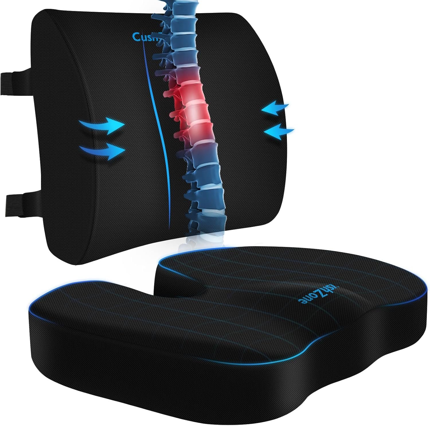 CushZone Ergonomic Seat Cushion & Lumbar Support Pillow – Memory Foam for Sciatica Pain Relief & Posture Correction, Non-Slip Chair Cushions for Office Chair/Car/Wheelchair/Travel (Black)