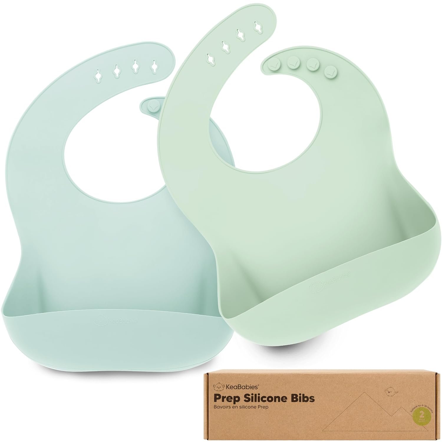 KeaBabies 2-Pack Silicone Bibs for Babies, Toddlers Girl, Boy – Sturdy Food-Grade Baby Bibs for Eating, Large Food Catcher, Clean & Put On Easily, Waterproof Toddler Feeding Essentials(Pastel Sky)