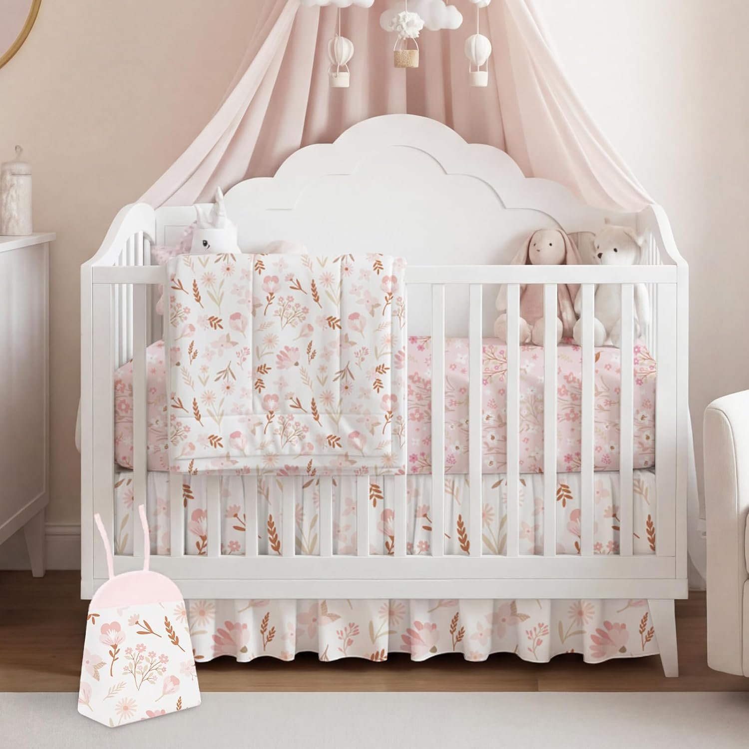 Hahafelt 4 Pieces Crib Bedding Set for Girls and Boys, Soft Baby Bedding Set Including Crib Skirt, Comforter, Sheet and Diaper Stacker for Nursery(Pink Floral)