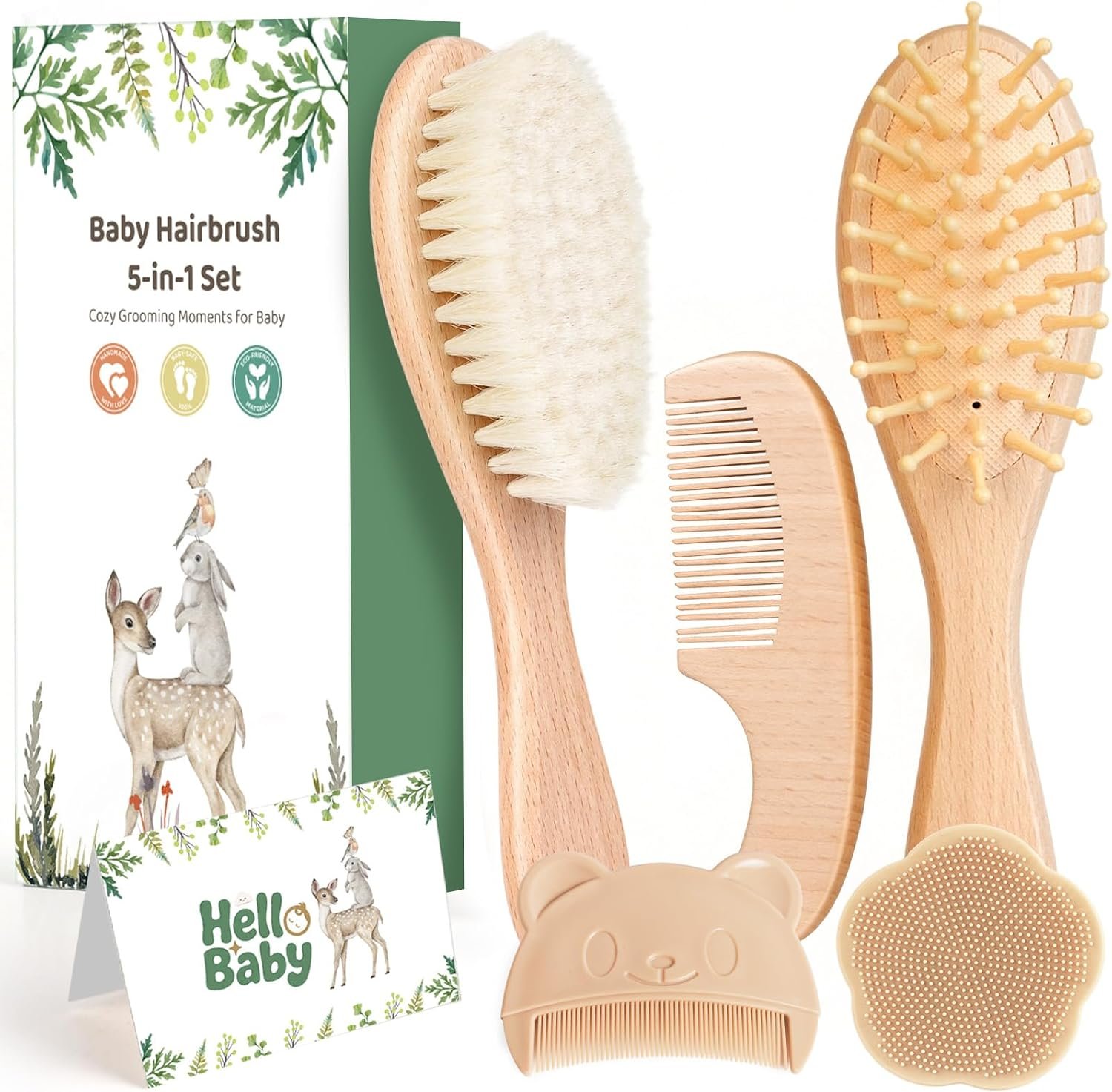 5 Piece Baby Hair Brush Set, Wooden Baby Brush and Comb Set with Natural Soft Goat Hair Bristles, Cradle Cap Brush, Baby Essentials Grooming Kit for Boy Girl