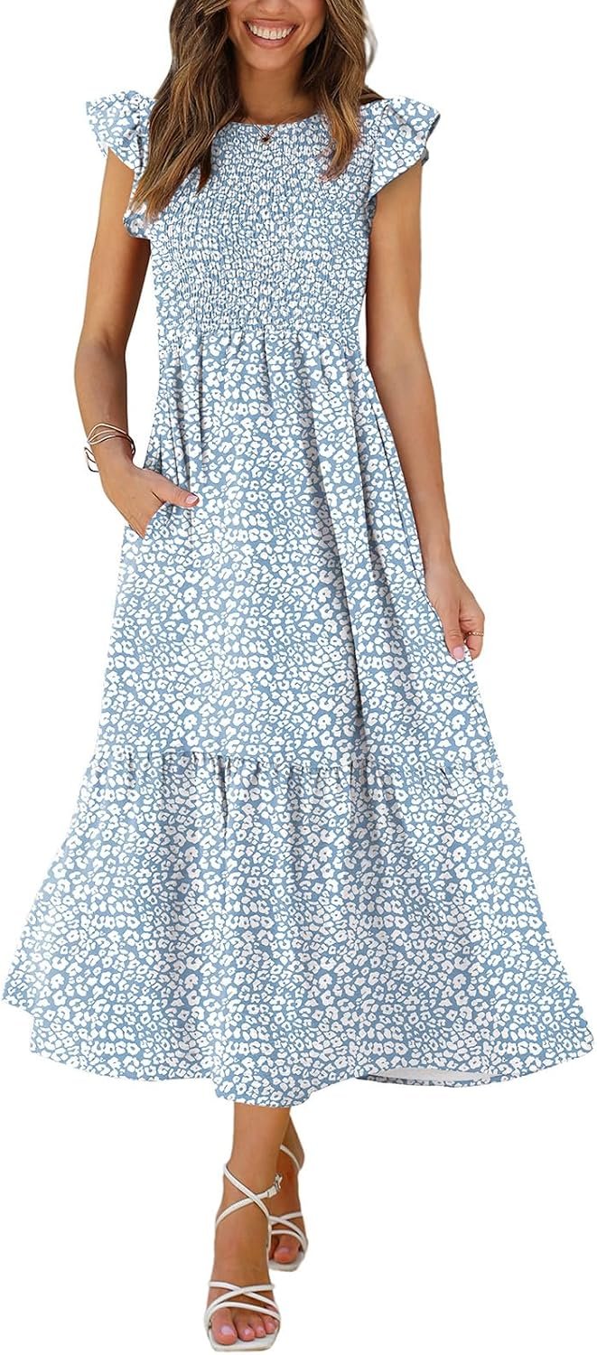 OFEEFAN Women’s Casual Maxi Dresses with Pockets Ruffle Sleeve Smocked Dress XS-2XL