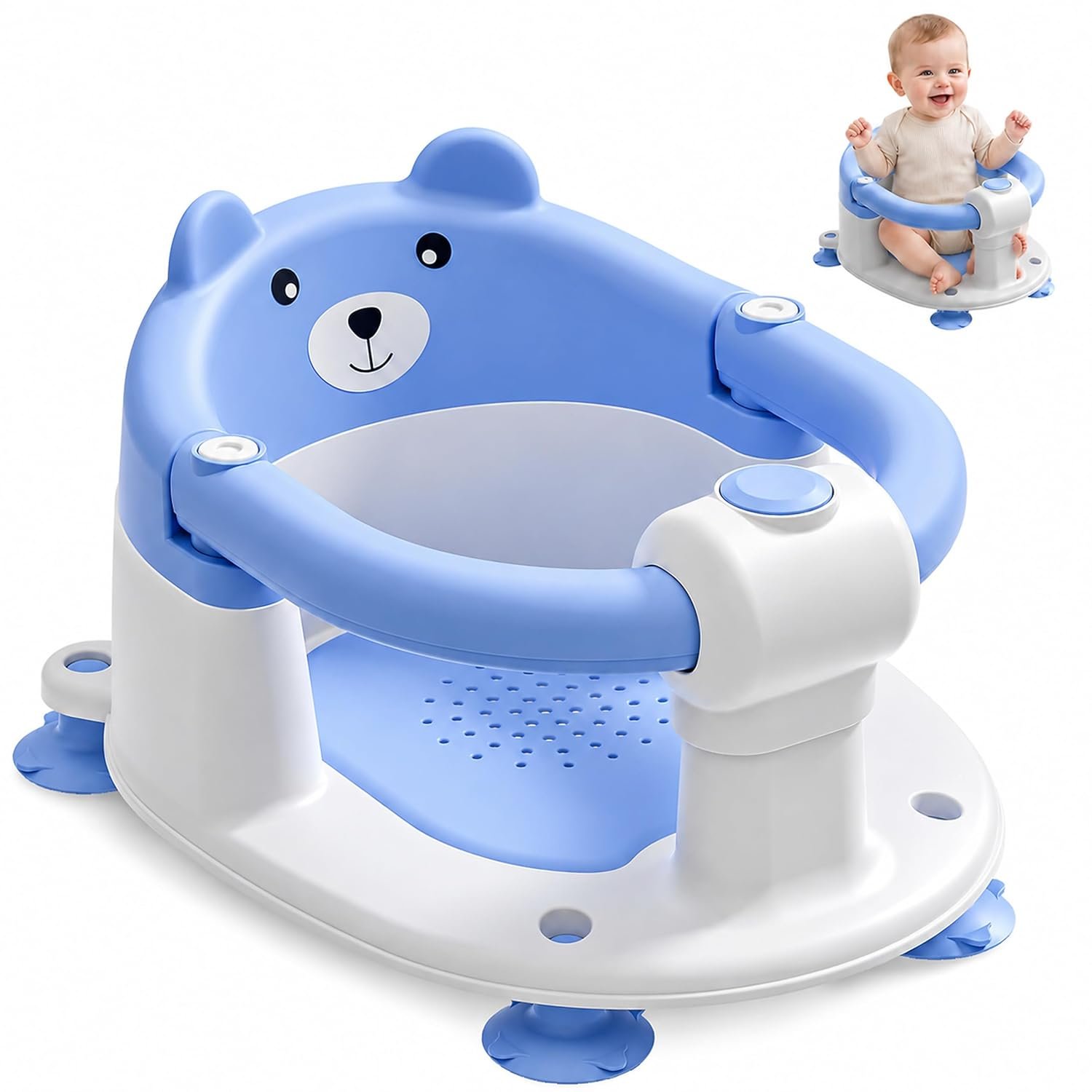 Baby Bath Seat for Babies 5-10 Months, Non-Slip Toddler Bath Seats for Babies Sitting Up, Safe Infant & Newborn Bathtub Chair with 4 Suction Cups & Soft Cushion for Shower,Blue
