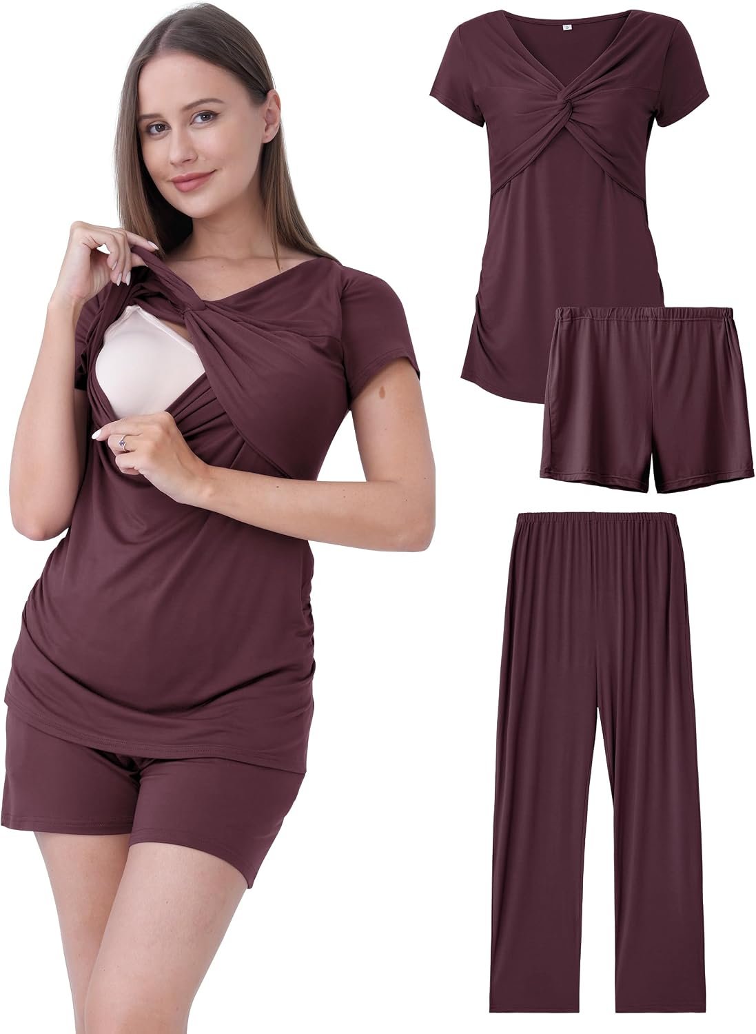 Maternity Nursing Pajamas Set 3PCS, Breastfeeding Tops, Adjustable Shorts & Pants, Postpartum Hospital Bag Essentials