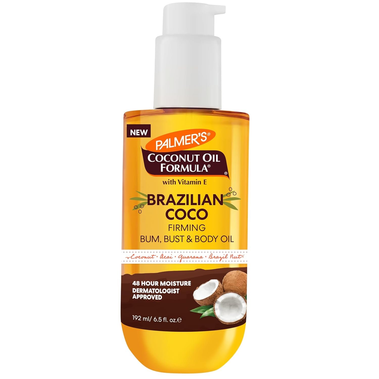 Palmer’s Coconut Oil Formula Brazilian Coco Firming Body Oil with Vitamin E, 6.5 Fl Oz, Helps with Skin Tightening & Firming of Bum, Bust & Belly, Provides 48Hr Moisture, Dermatologist Approved