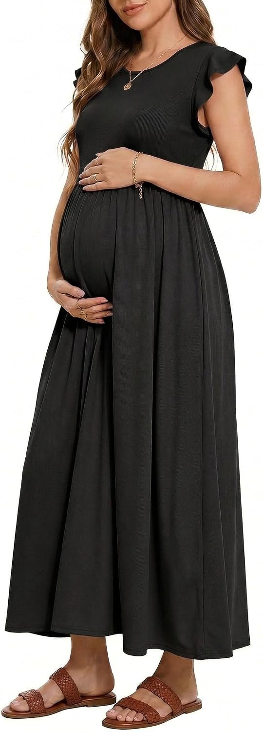 OUGES Women’s Maternity Dress Summer Ruffle Sleeve Patchwork Casual Flowy Maxi Dresses with Pockets