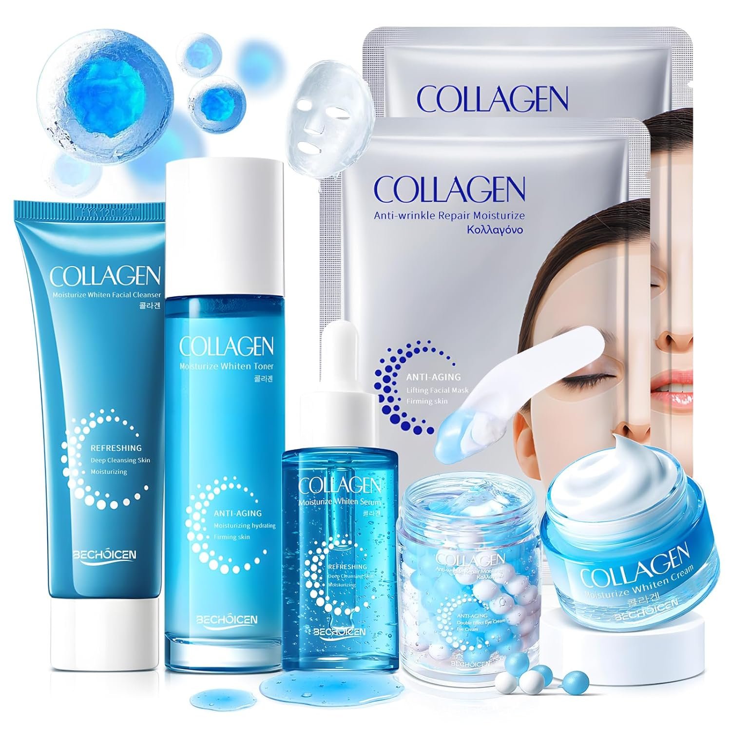 Collagen Skincare Set for Women – 7Pcs Face Care Kit with Cleanser,Toner,Serum,Eye Cream,Face Cream & Masks – Hydrating,Firming & Nourishing Routine,Gentle for All Skin Types,Great Gift Idea