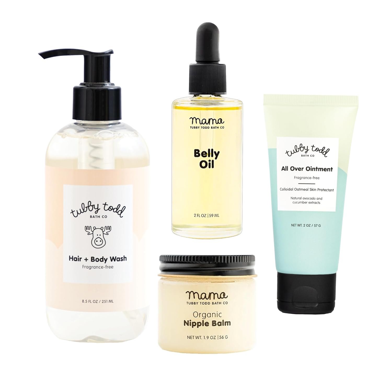 TUBBY TODD New Baby & Mom Sensitive Skincare Kit – The Mama + Baby Gift Set – Baby Shampoo and Body Wash 8.5 Oz, All Over Ointment 2 Oz, Belly Oil 2 Fl Oz & Nipple Balm 1.9 Oz – Fragrance-Free