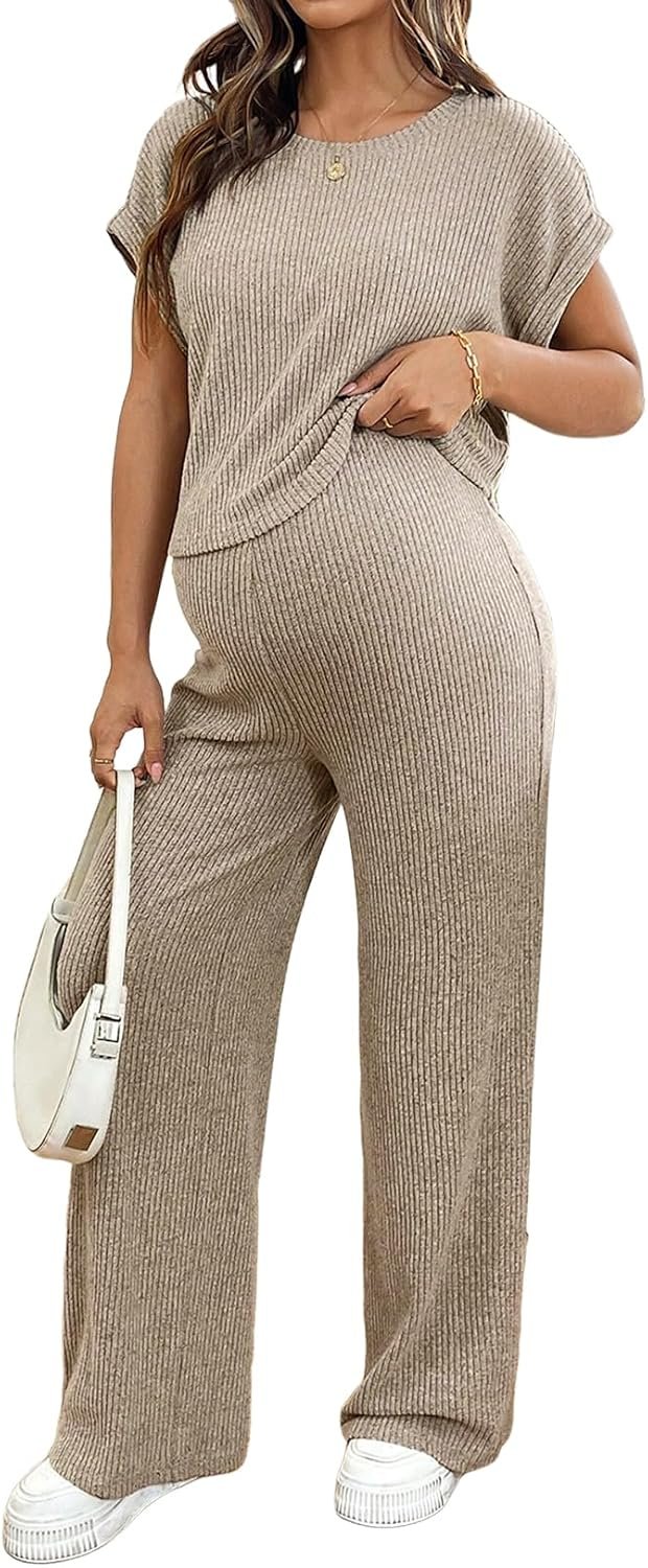 BLENCOT Maternity Clothes Ribbed Short Sleeve Maternity Pajamas Sets Sleepwear Lounge 2 Piece Matching Outfits Set