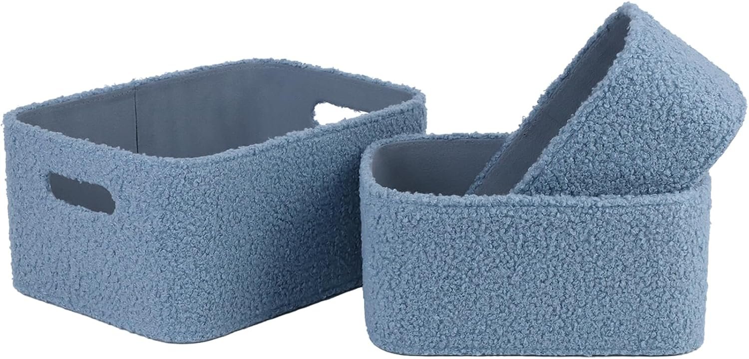 Nursery Storage Baskets Set of 3, Boucle Shelf Baskets for Organizing Baby Toys, Diapers, Clothes & Books, Nesting Decorative Bins for Baby Gift Baskets, Dusty Blue