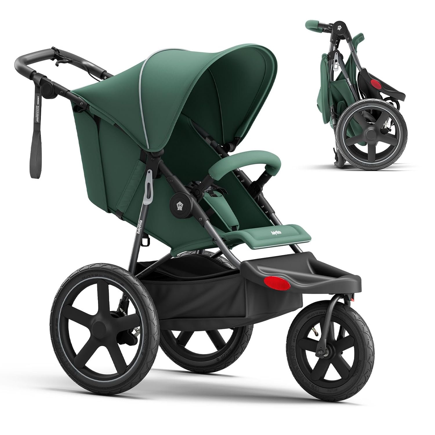 Jogging Stroller, All-Terrain Frame, 12″/16″ Inflatable Tires with Angled Valve, Disc Hand Brake & Foot Brake, Adjustable Handlebar, Foldable Jogger Stroller for Babies & Toddlers, Green