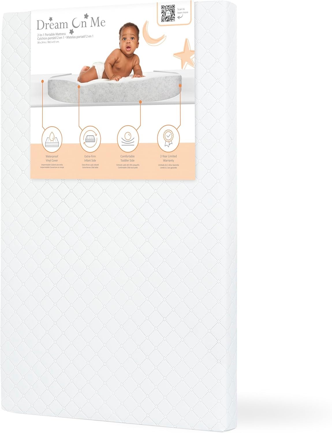 Dream On Me Sunset 2-in-1 Mini Crib Mattress, Dual-Sided Infant & Toddler, Waterproof Cover, GREENGUARD Gold Certified, 38” x 24” x 3”, Fits Mini & Select Portable Cribs, Not for Playards